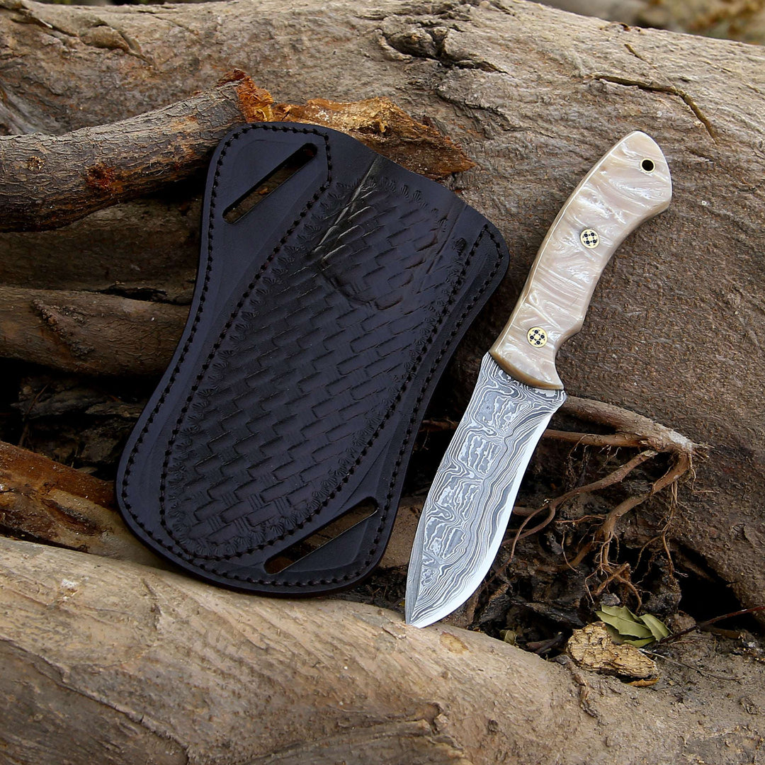 Damascus Knife - Breeze Hunting Knife with Mother of Pearl Resin Handle - Shokunin USA