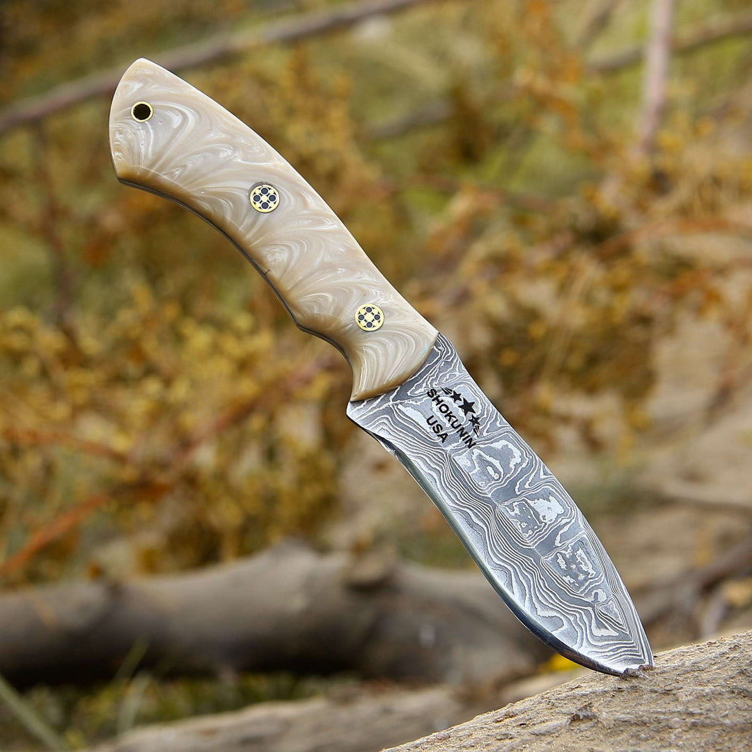 Damascus Knife - Breeze Hunting Knife with Mother of Pearl Resin Handle - Shokunin USA