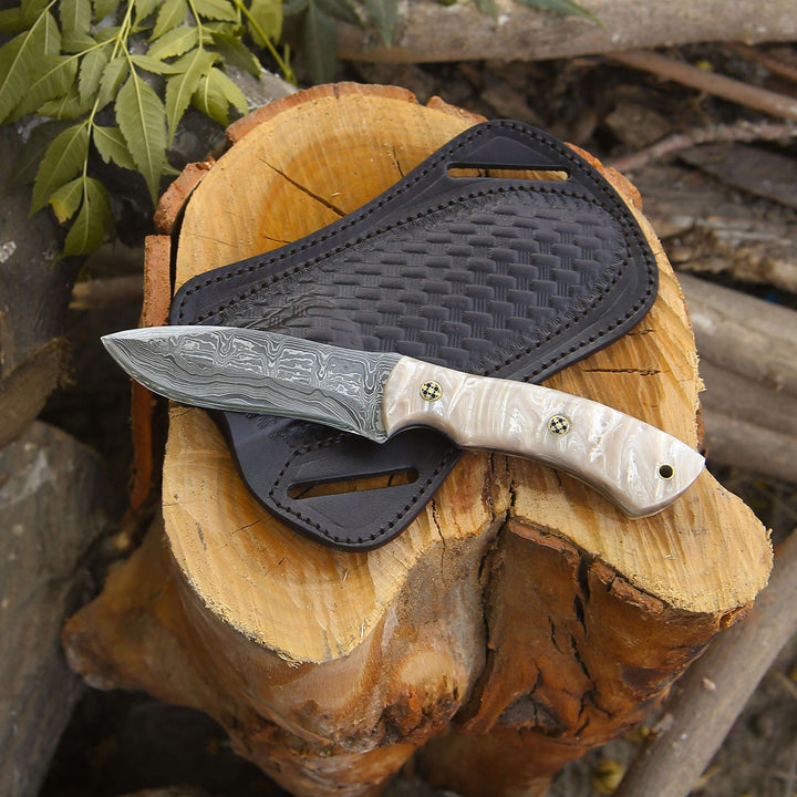 Damascus Knife - Breeze Hunting Knife with Mother of Pearl Resin Handle - Shokunin USA