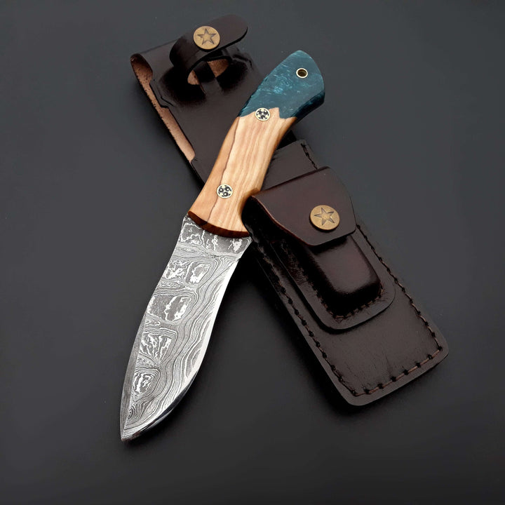premium Damascus hunting knives - Breeze Hunting Knife with Exotic Olive Wood &amp; Resin Handle - Shokunin USA