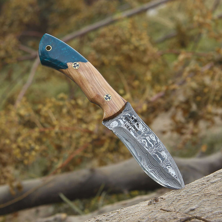 handmade Damascus hunting knives - Breeze Hunting Knife with Exotic Olive Wood &amp; Resin Handle - Shokunin USA