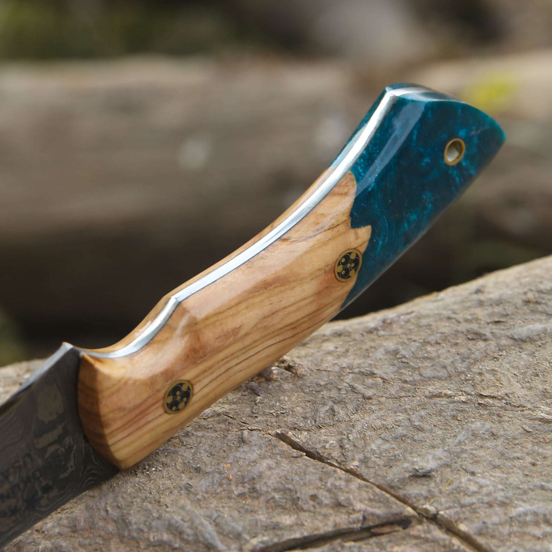 Damascus hunting knives for collectors - Breeze Hunting Knife with Exotic Olive Wood &amp; Resin Handle - Shokunin USA