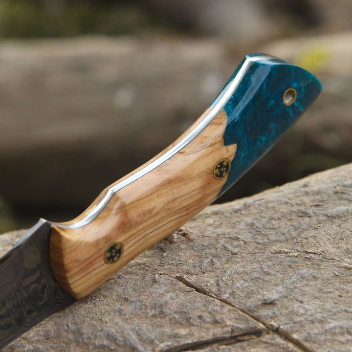 Damascus hunting knives for collectors - Breeze Hunting Knife with Exotic Olive Wood &amp; Resin Handle - Shokunin USA