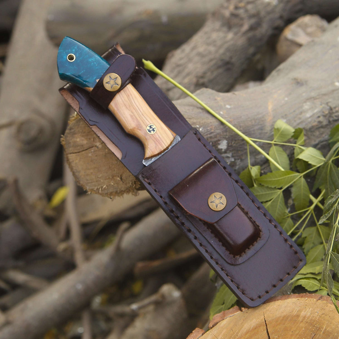 engraved Damascus hunting knives - Breeze Hunting Knife with Exotic Olive Wood &amp; Resin Handle - Shokunin USA