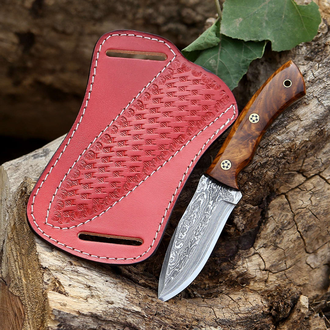 Sky piercer Hunting Knife 1095 Damascus Steel with Rosewood Handle & Leather Sheath - Shokunin USA
