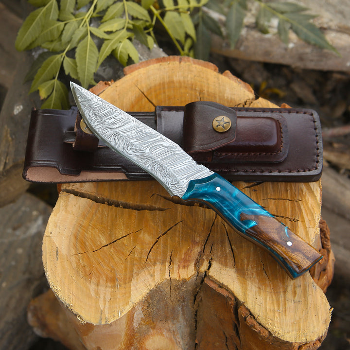 Damascus Knife - Zephyr Hunting Knife with Exotic Rose Wood & Resin Handle - Shokunin USA