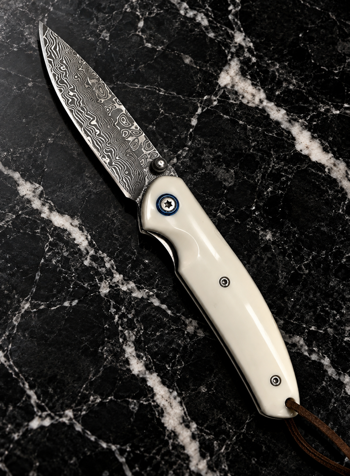 Thunderbolt Handmade VG10 Damascus Pocket Knife with Faux  Ivory Handle