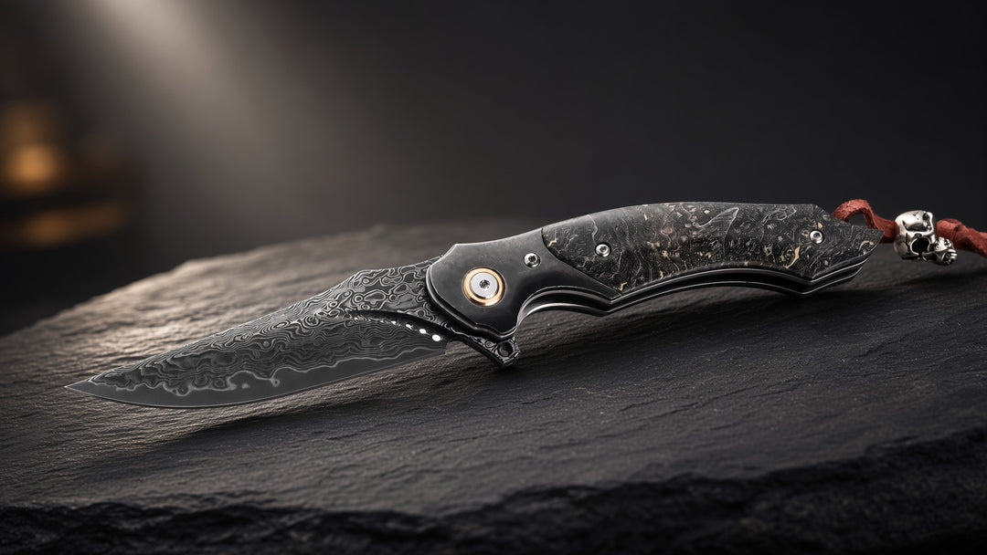 Venom Japanese Damascus Pocket Knife with Stained Maple Burl Wood Handle