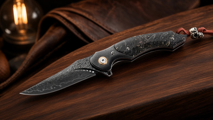 Venom Japanese Damascus Pocket Knife with Stained Maple Burl Wood Handle