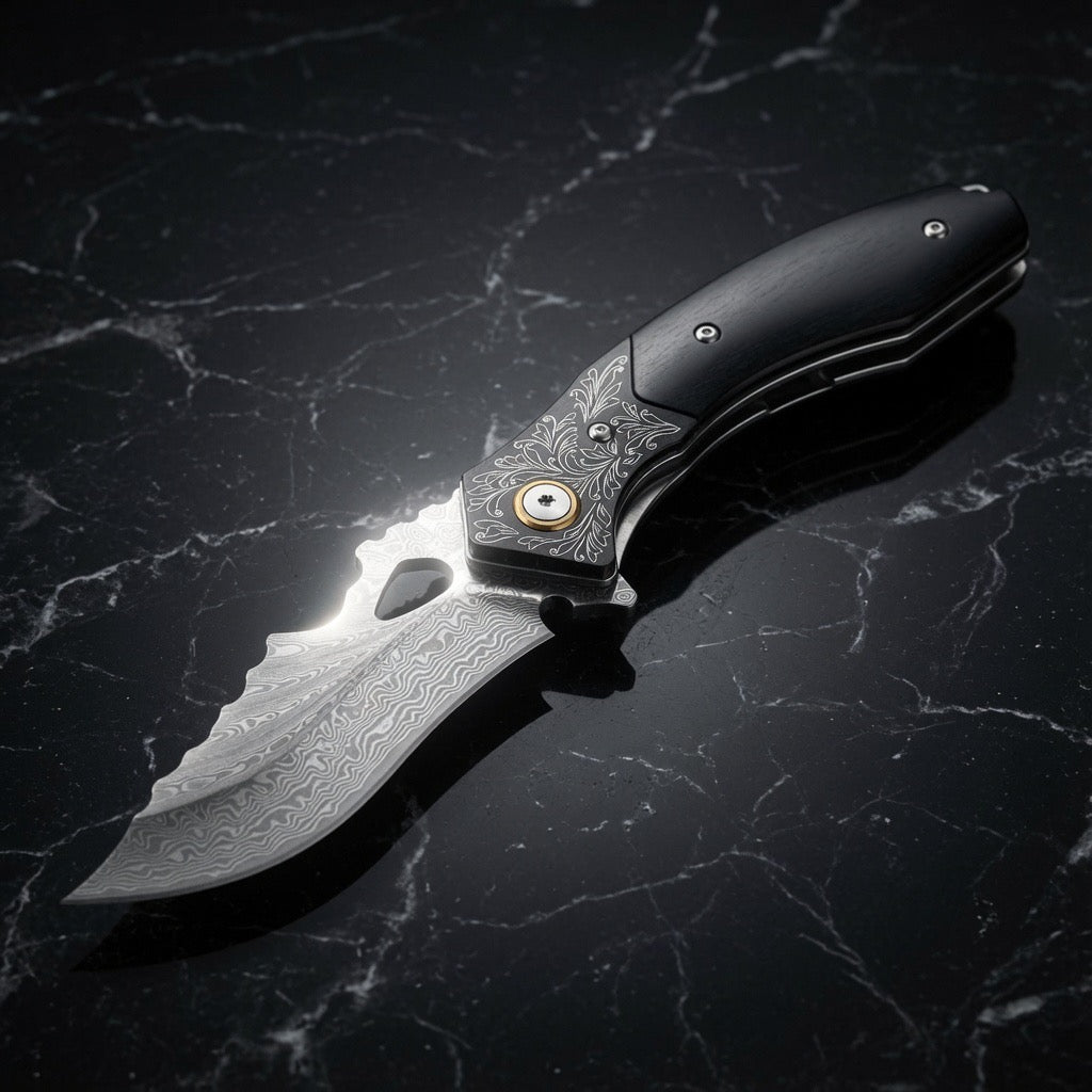 Damascus Knife - Specter Handmade Japanese VG10 Damascus Pocket Knife with Sheath & Ebony Wood Handle - Shokunin USA
