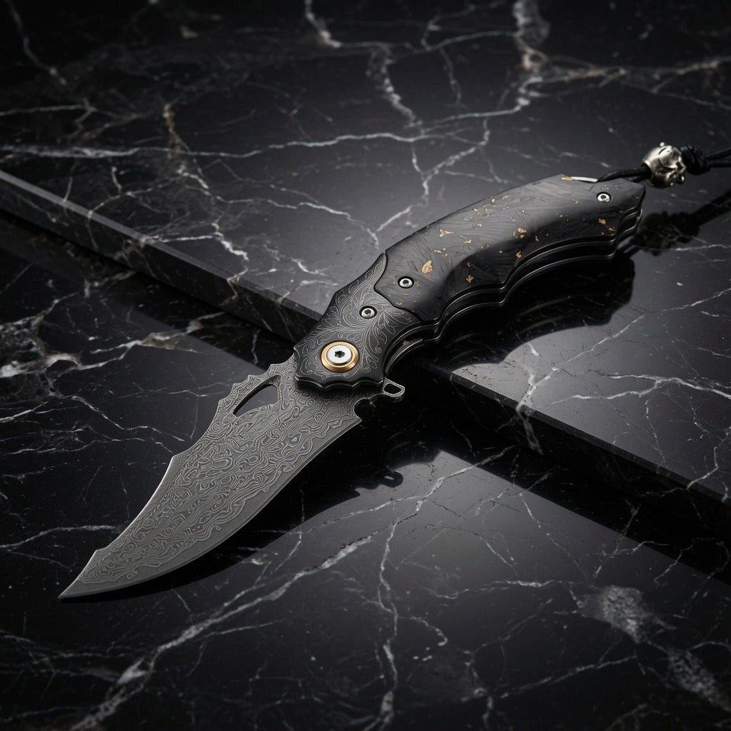 Pocket knife - Black gold EDC Gentlemen's Pocket Knife with 14K Gold Foil Carbon Fiber Handle & Sheath Personalized - Shokunin USA