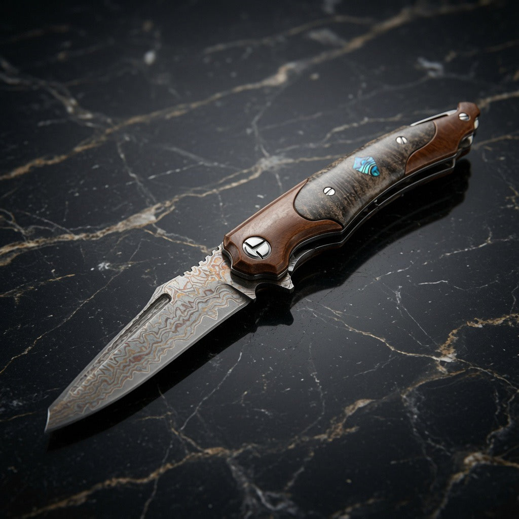 Pocket knife - Elite Handmade Japanese VG-10 Copper Damascus Pocket Knife with Stained Maple Burl Handle & Sheath - Shokunin USA