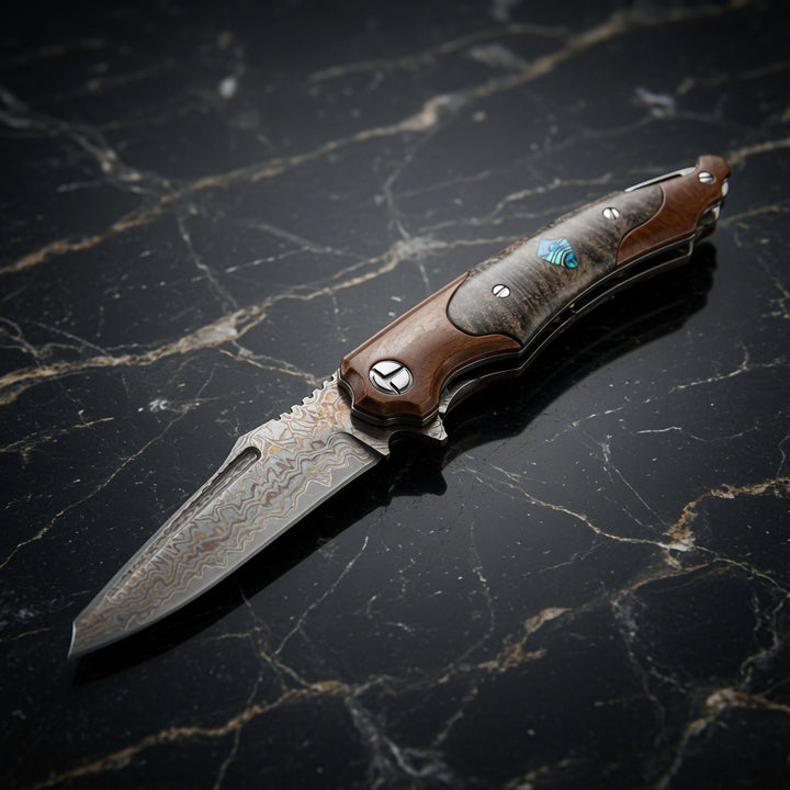 Pocket knife - Elite Handmade Japanese VG-10 Copper Damascus Pocket Knife with Stained Maple Burl Handle & Sheath - Shokunin USA