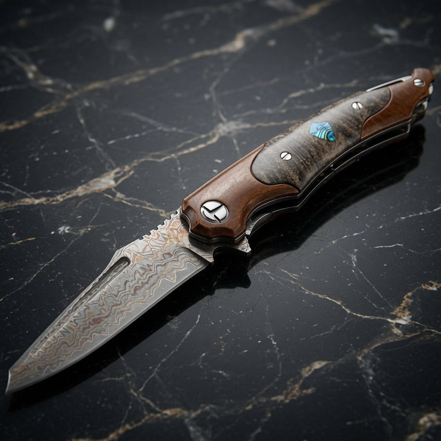 Pocket knife - Elite Handmade Japanese VG-10 Copper Damascus Pocket Knife with Stained Maple Burl Handle & Sheath - Shokunin USA