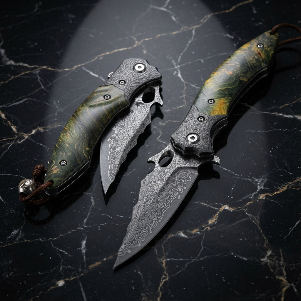 Damascus Knife - Blackbird Japanese EDC Pocket Knife with Stained Maple Burl Wood Handle - Shokunin USA