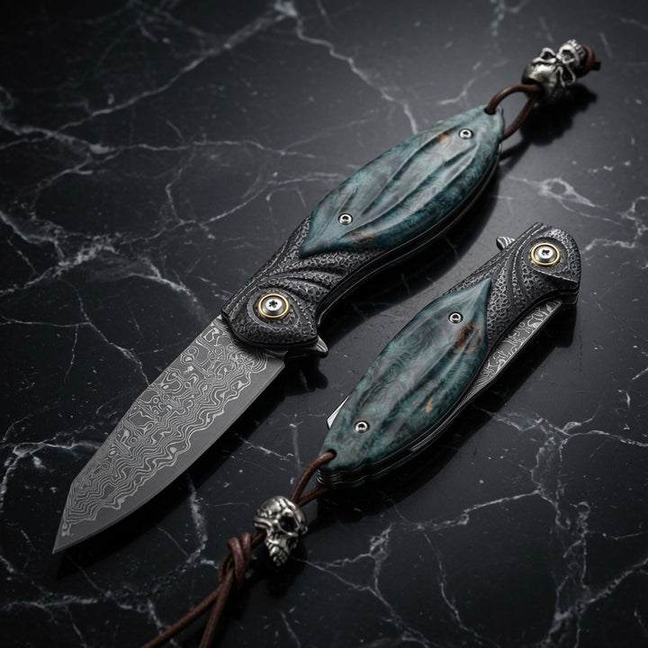 Damascus Knife - Viper Japanese Damascus Pocket Knife with Stained Maple Burl Handle - Shokunin USA