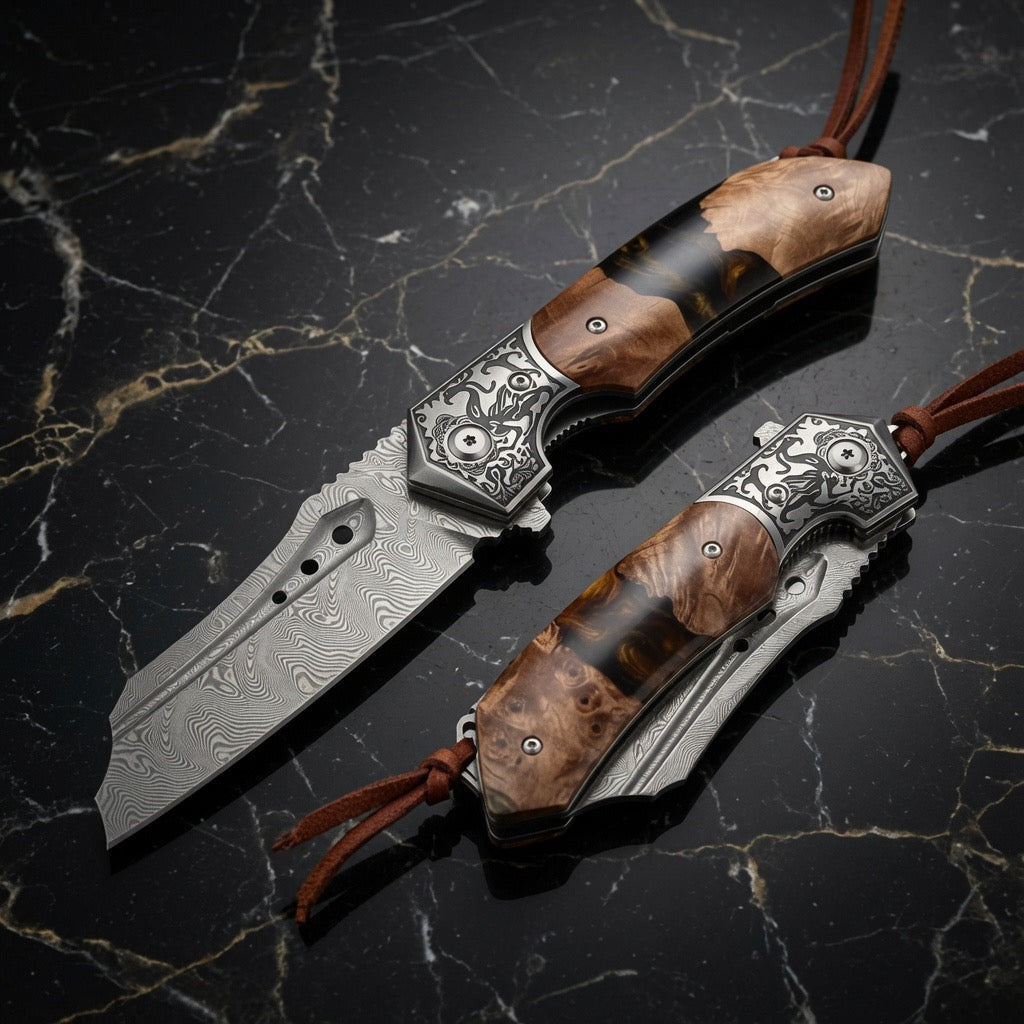 Gentleman's folder with case - Volver Damascus Pocket Knife with Exotic Olive Burl Wood & Resin Handle - Shokunin USA