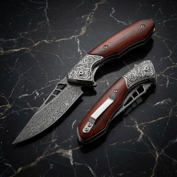 Pocket knife - Artemis Japanese VG10 Damascus Pocket Knife with Clip & Exotic Red Sandal Wood Handle - Shokunin USA