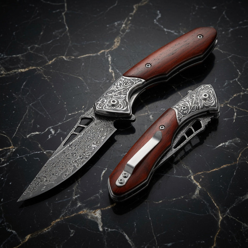 Pocket knife - Artemis Japanese VG10 Damascus Pocket Knife with Clip &amp; Exotic Red Sandal Wood Handle - Shokunin USA