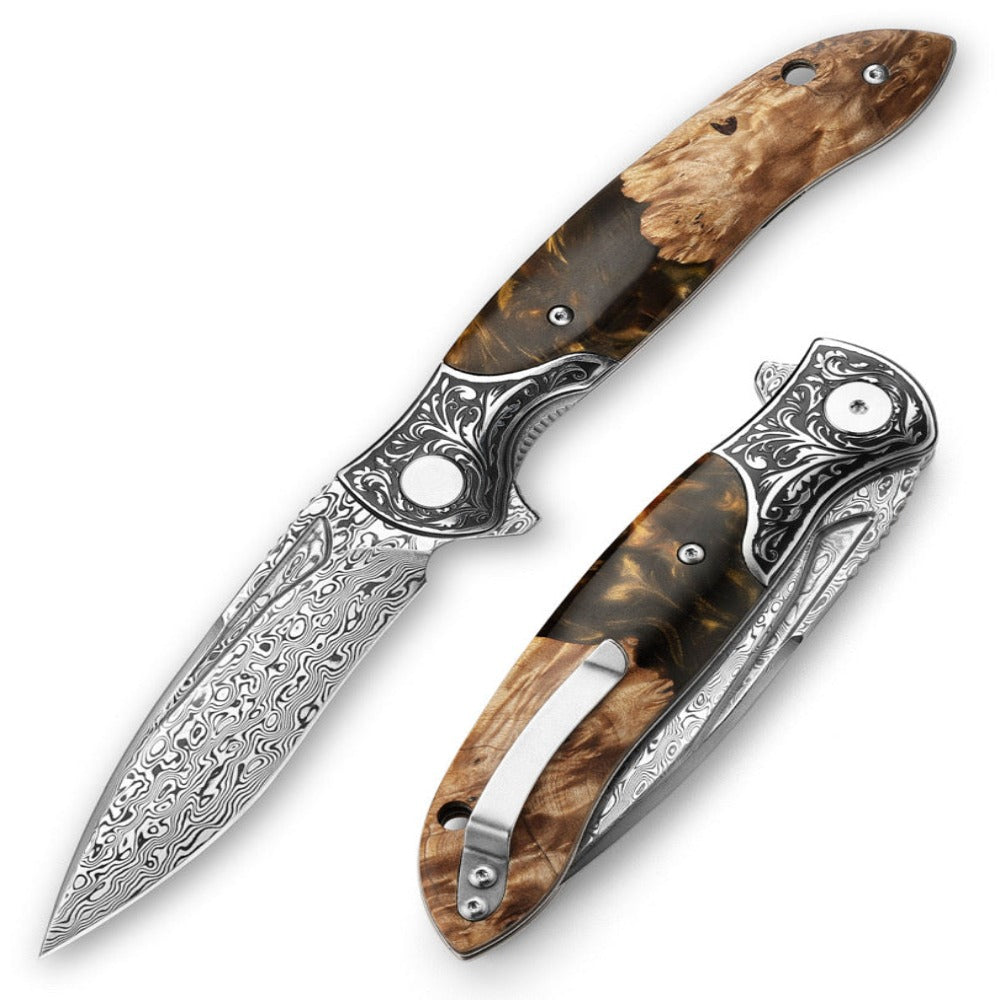 Utility Knife - Insignia VG10 Damascus Pocket Knife with Exotic Olive Burl & Resin Handle - Shokunin USA