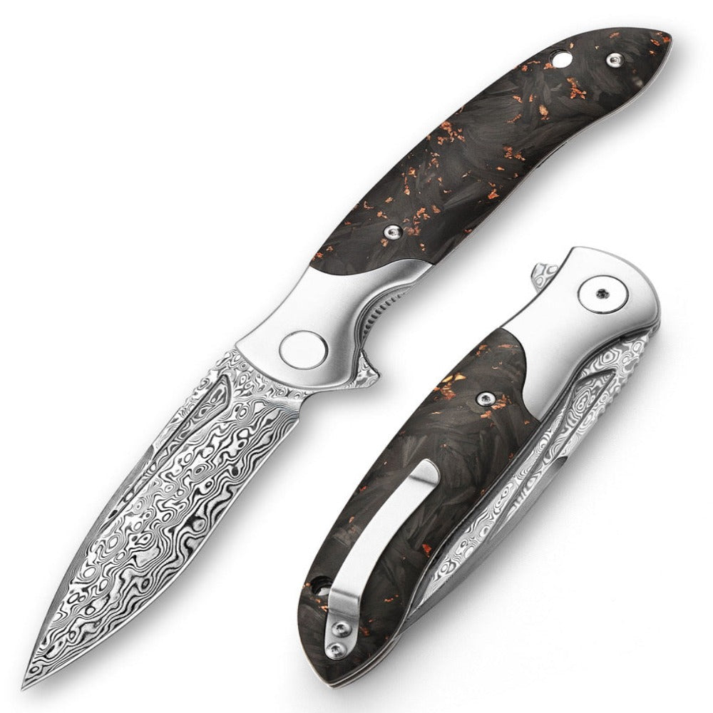 Damascus Knife - Requiem Ultralight Damascus Folding Pocket  Knife with Titanium & Carbon Fiber Handle - Shokunin USA