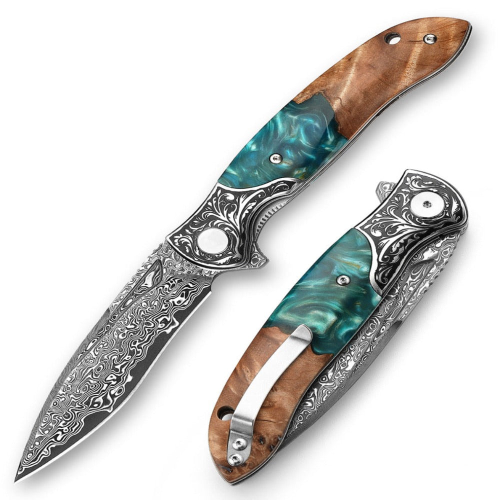 Utility Knife - Raven VG10 Damascus Pocket Knife with Olive Burl Wood & Resin Handle - Shokunin USA