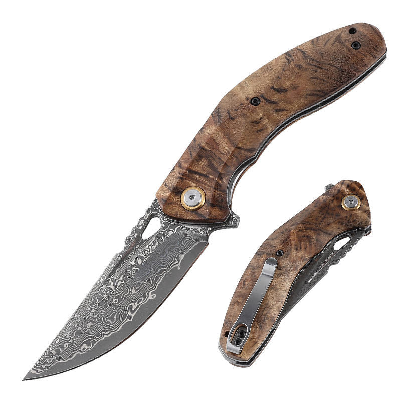 Damascus Knife - Tomahawk Damascus Pocket Knife with Clip and Exotic Olive Wood Burl Handle - Shokunin USA
