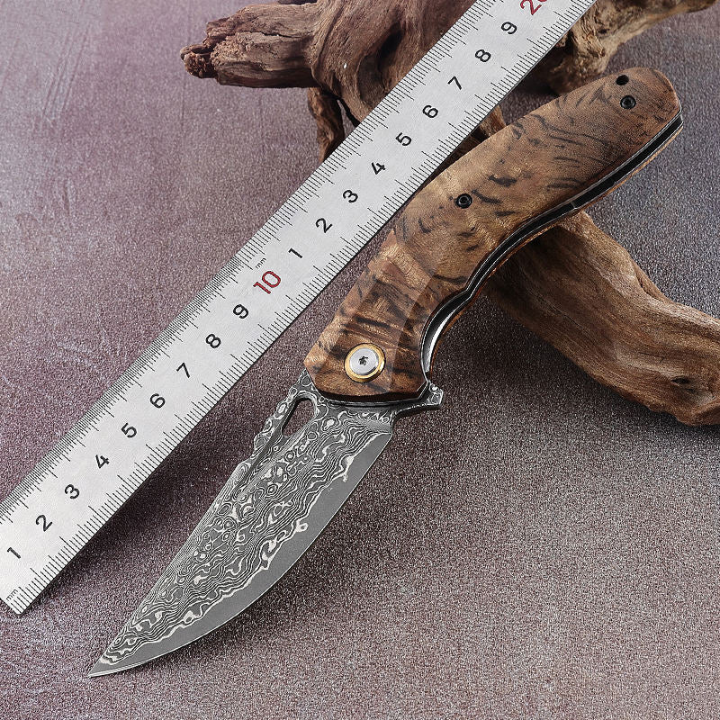Damascus Knife - Tomahawk Damascus Pocket Knife with Clip and Exotic Olive Wood Burl Handle - Shokunin USA