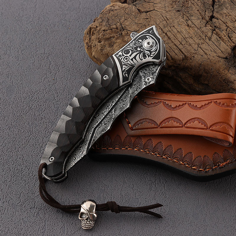 Utility Knife - Valiant Damascus Steel Tanto Pocket Knife with Obsidian Micarta Handle - Shokunin USA