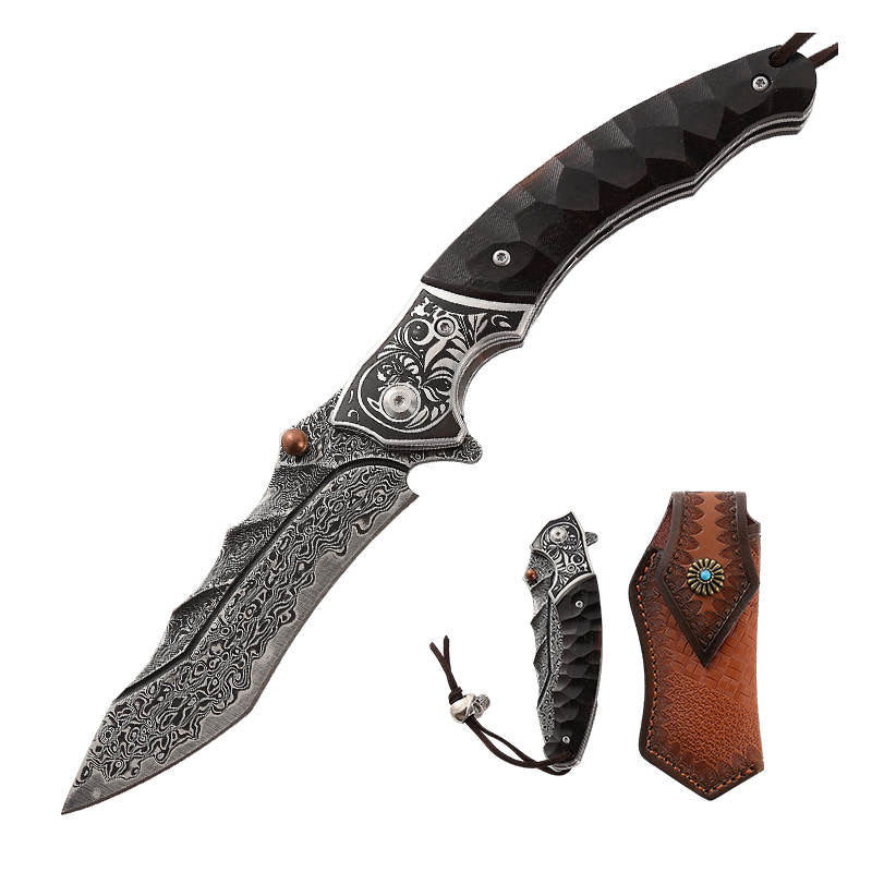 Utility Knife - Valiant Damascus Steel Tanto Pocket Knife with Obsidian Micarta Handle - Shokunin USA