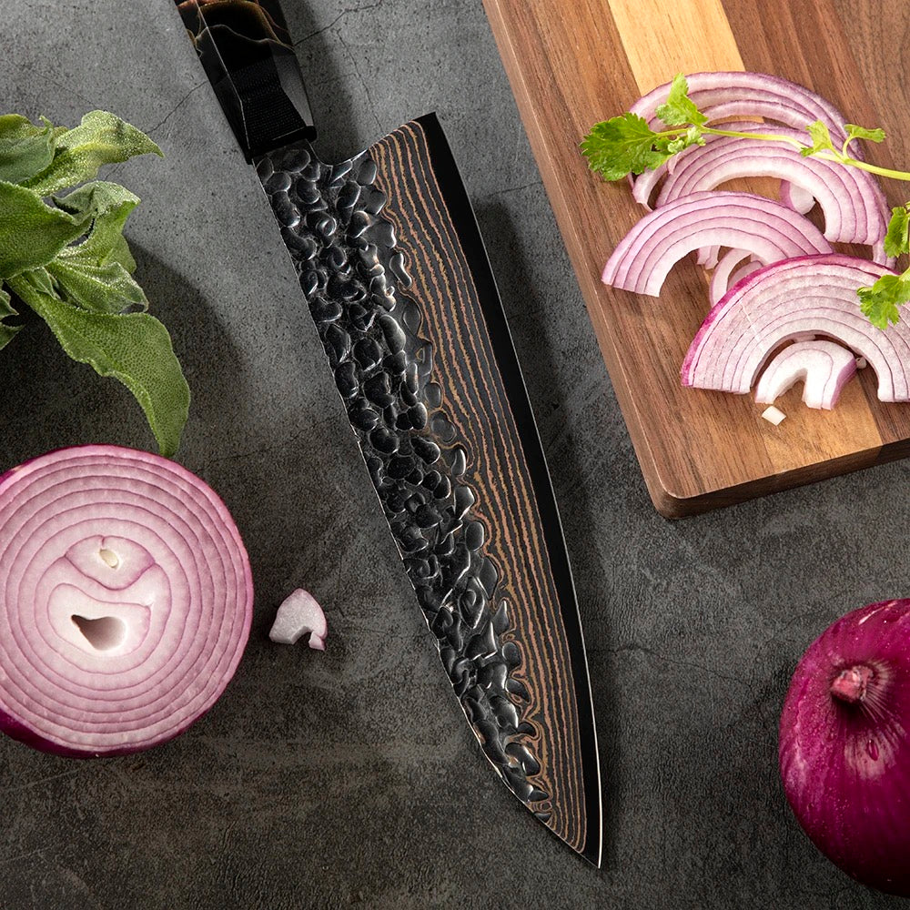 premium Damascus steel jewelry - Majestic Japanese Copper Damascus Chef Knife with Rare Raffir Noble Handle Handle - Shokunin USA