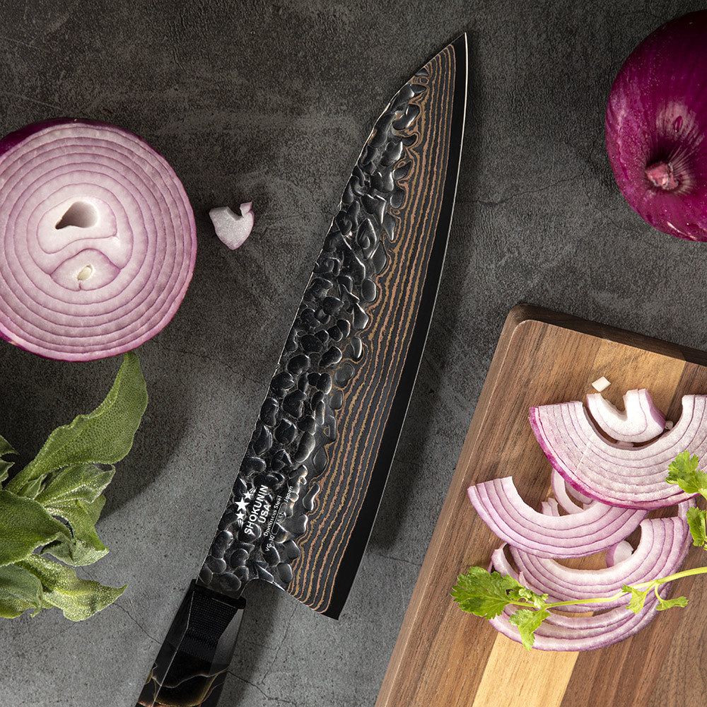 Majestic Japanese Knife - Majestic Japanese Copper Damascus Chef Knife with Rare Raffir Noble Handle Handle - Shokunin USA