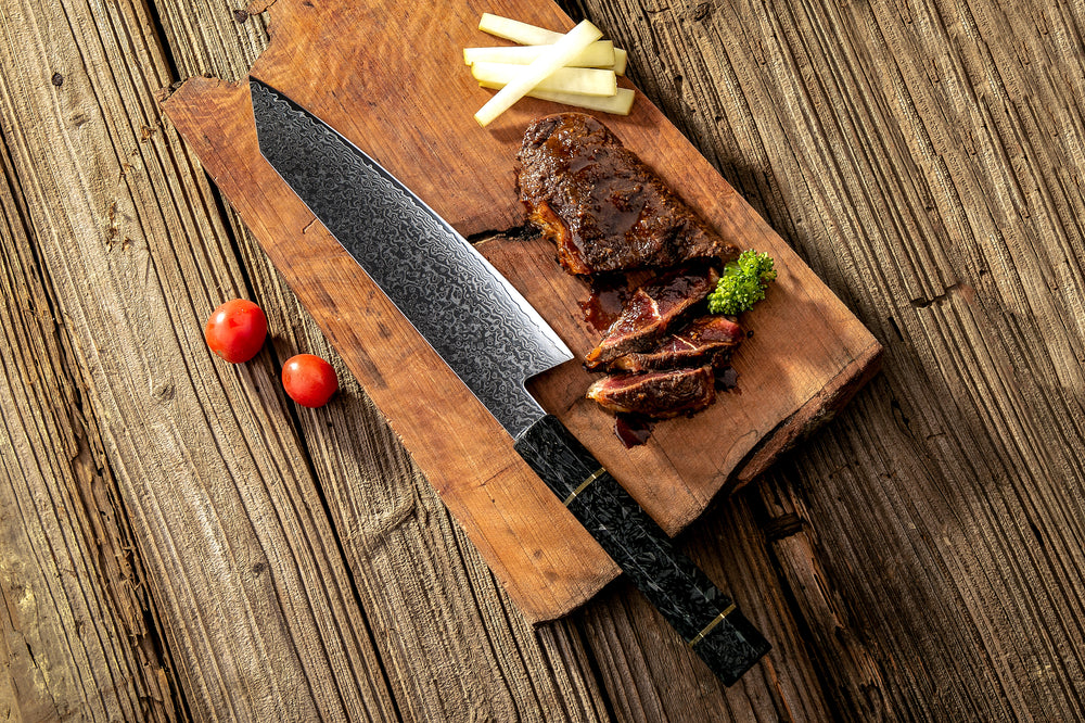 Chef knife - Cobalt Damascus Chef Knife with Black Carbon Fiber Handle - Shokunin USA
