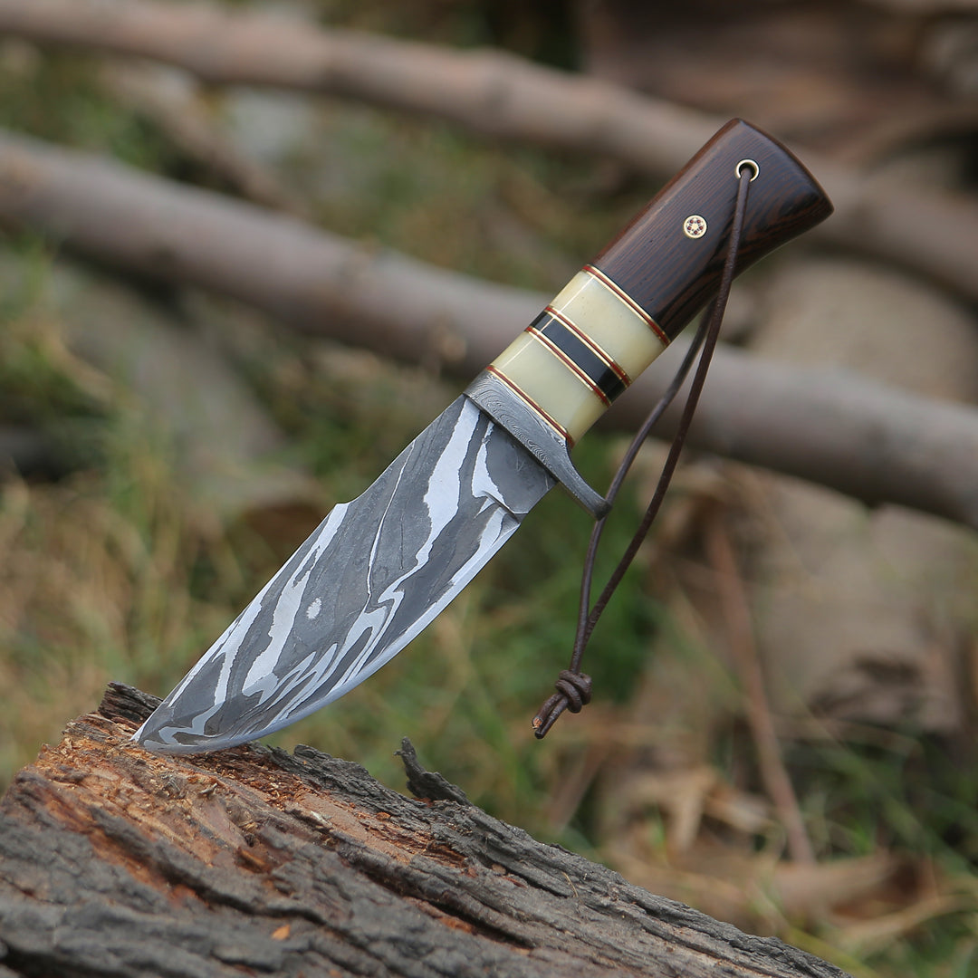 Nova Damascus Hunting Knife with Bone & Exotic Wenge Wood Handle