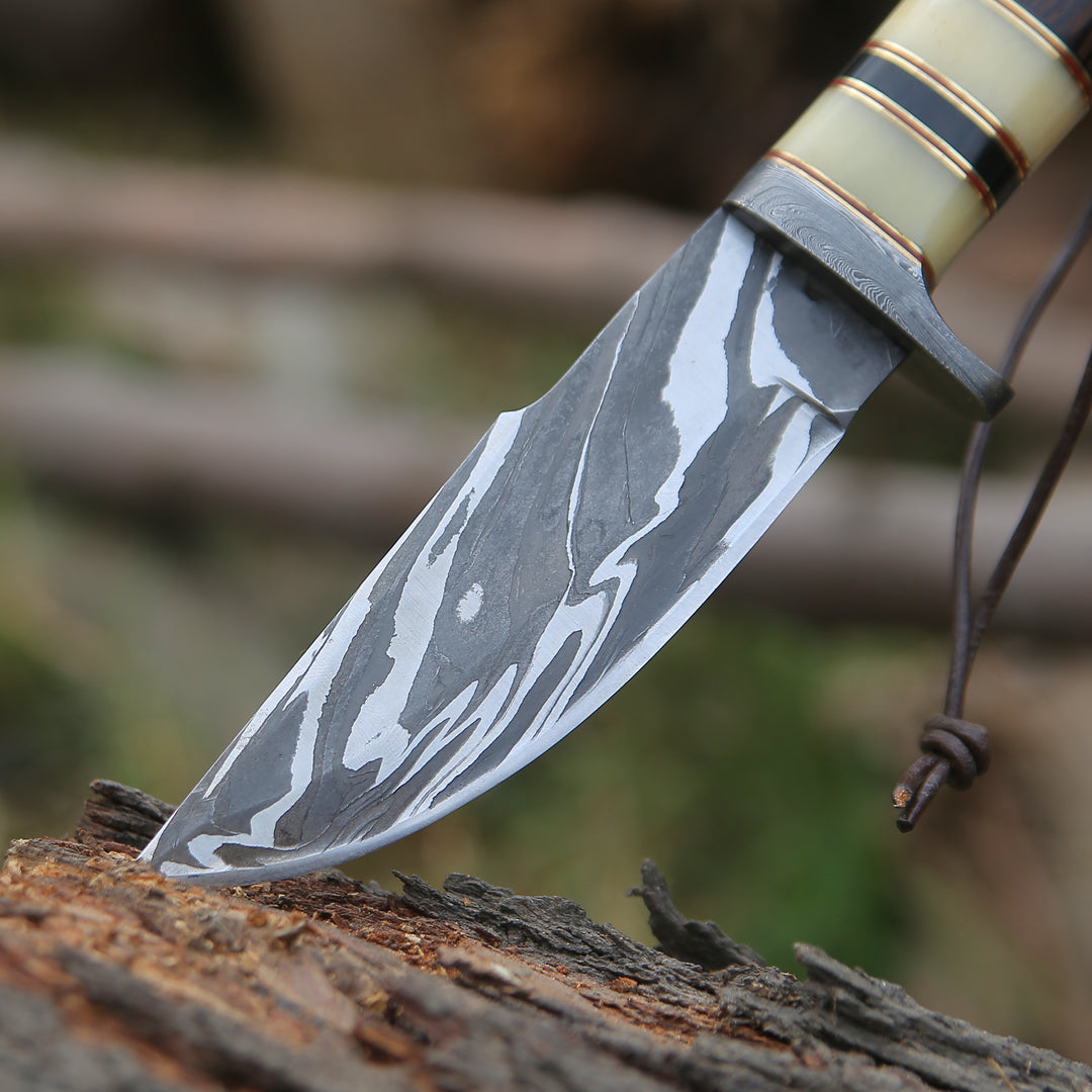 Camp Knife - Nova Damascus Hunting Knife with Bone & Exotic Wenge Wood Handle - Shokunin USA