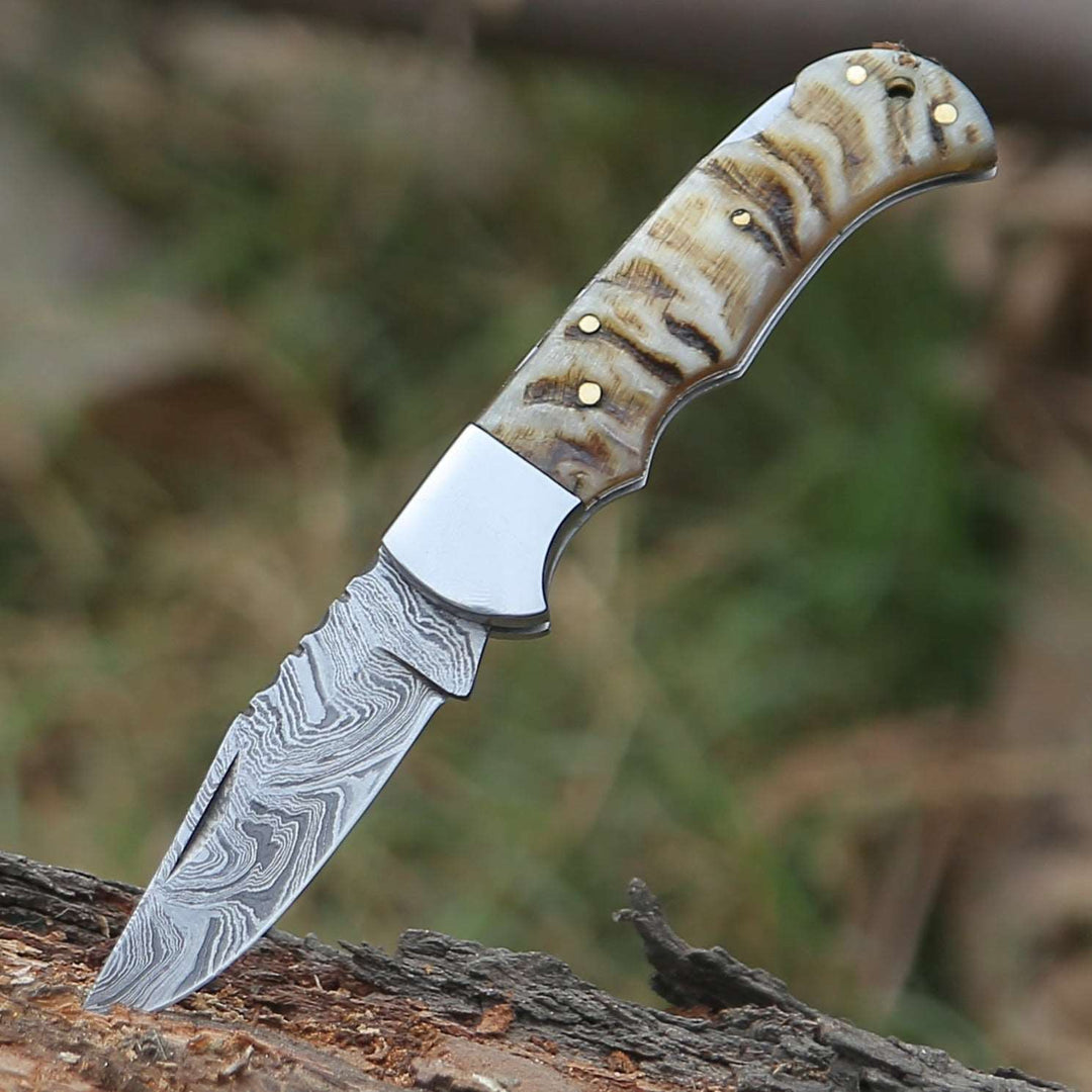 Damascus Knife - Damascus Pocket Knife with Exotic Ram Horn Handle & Leather Sheath - Shokunin USA