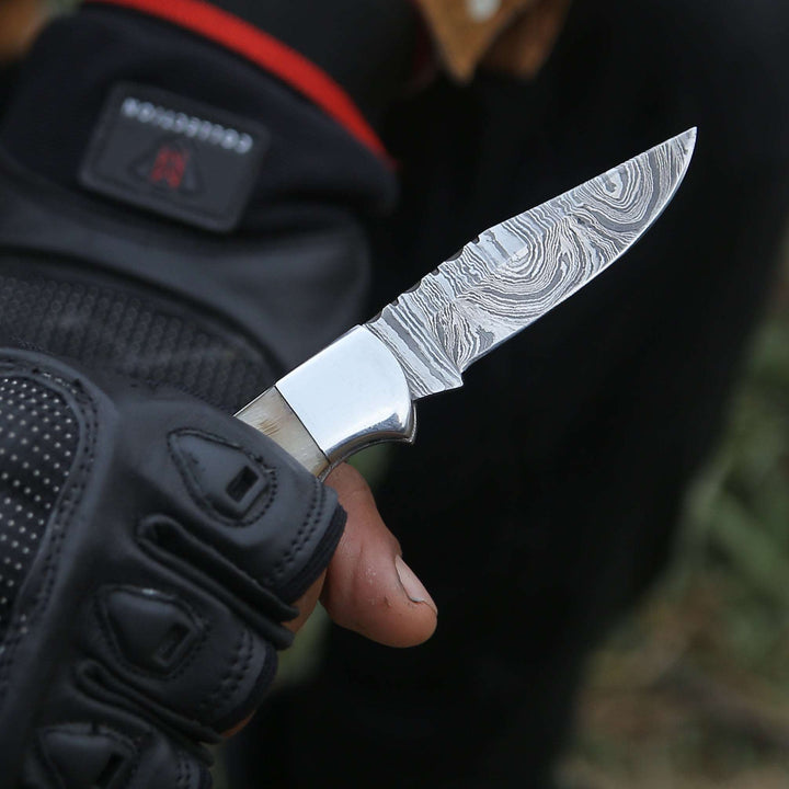 Damascus Knife - Damascus Pocket Knife with Exotic Ram Horn Handle & Leather Sheath - Shokunin USA