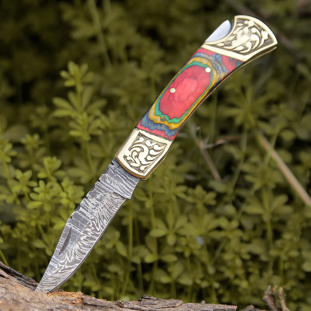 Gentleman's folder with case - Expedition Damascus Folding Pocket Knife with Pakka Wood Handle - Shokunin USA