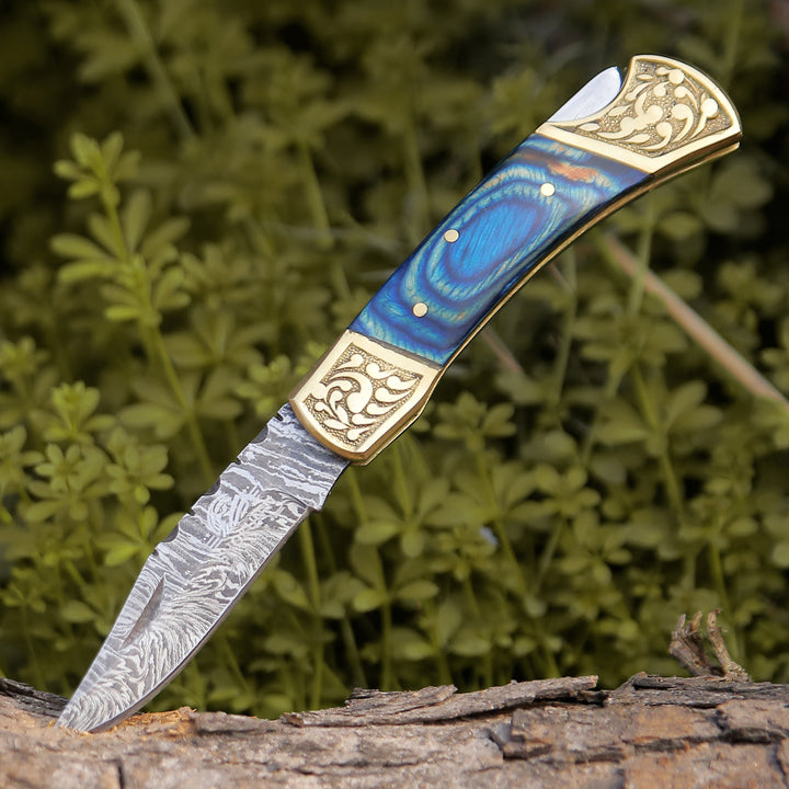 Gentleman's folder with case - Expedition Damascus Folding Pocket Knife with Pakka Wood Handle Blue - Shokunin USA