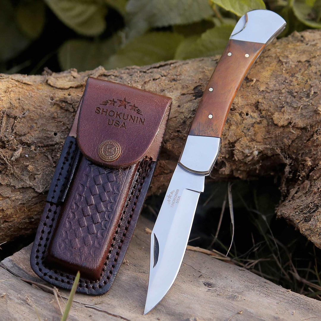 Damascus Knife - Buck Pocket Knife Engraved with Exotic Rose Wood Handle - Shokunin USA