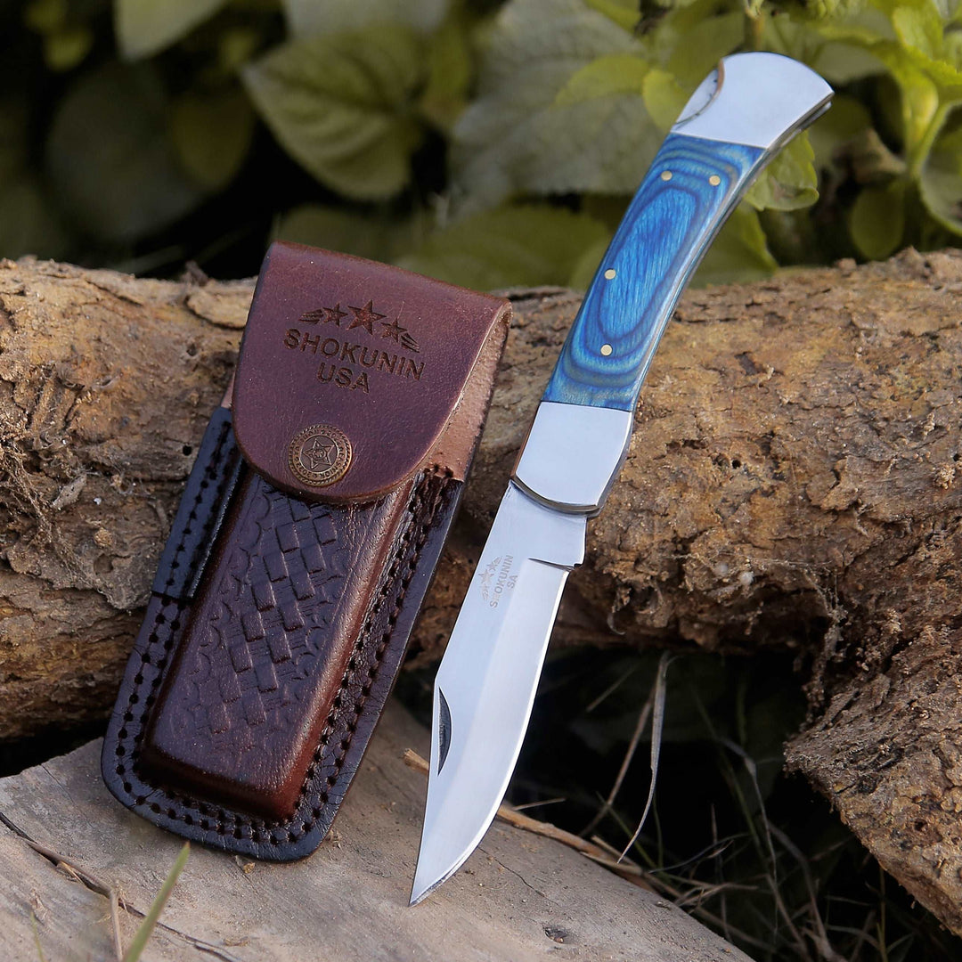 Pocket knife - Handmade Custom Pocket Knife with Diamond Wood Handle & Sheath Personalized - Shokunin USA