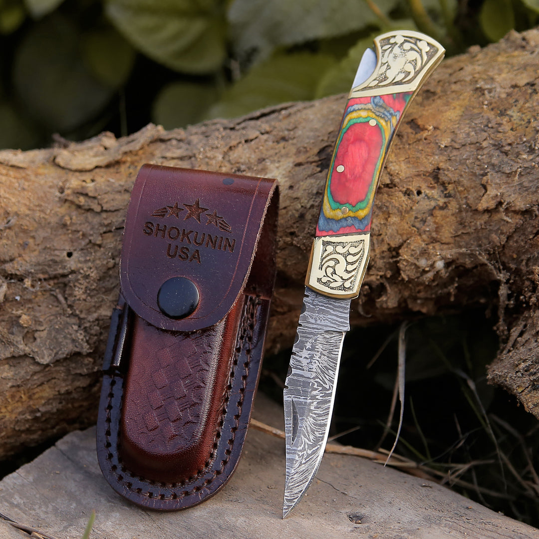 Gentleman's folder with case - Expedition Damascus Folding Pocket Knife with Pakka Wood Handle - Shokunin USA