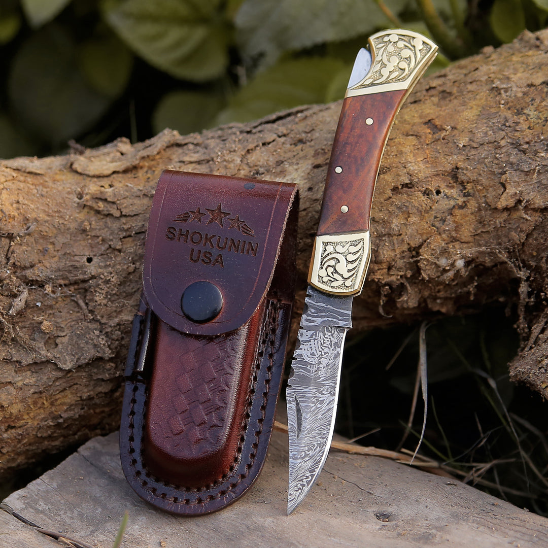 Gentleman's folder with case - Expedition Damascus Folding Hunting Knife with Pakka Wood Handle - Shokunin USA