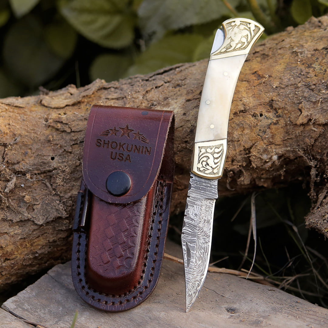 Gentleman's folder with case - Expedition Damascus Blade Pocket Knife With Bone Handle - Shokunin USA