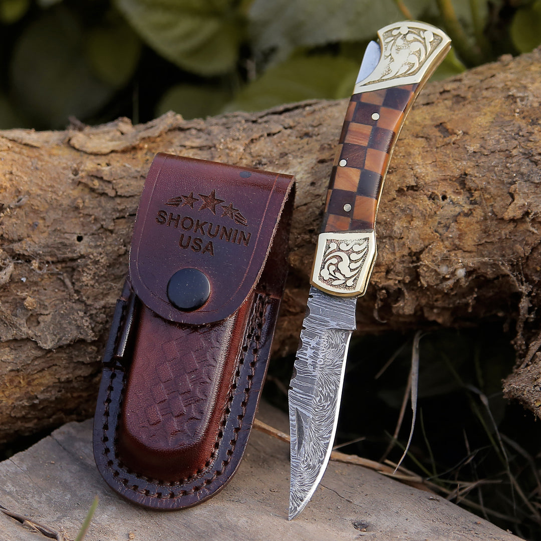 Gentleman's folder with case - Expedition Gentlemans Damascus Pocket Knife with Pakka Wood Handle - Shokunin USA