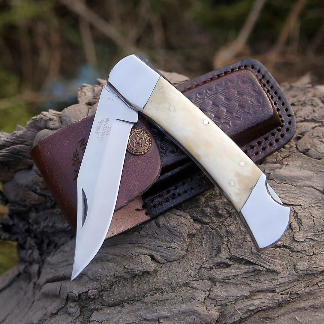 Pocket knife - Handmade Custom Pocket Knife with Exotic Bone Handle & Sheath Personalized - Shokunin USA