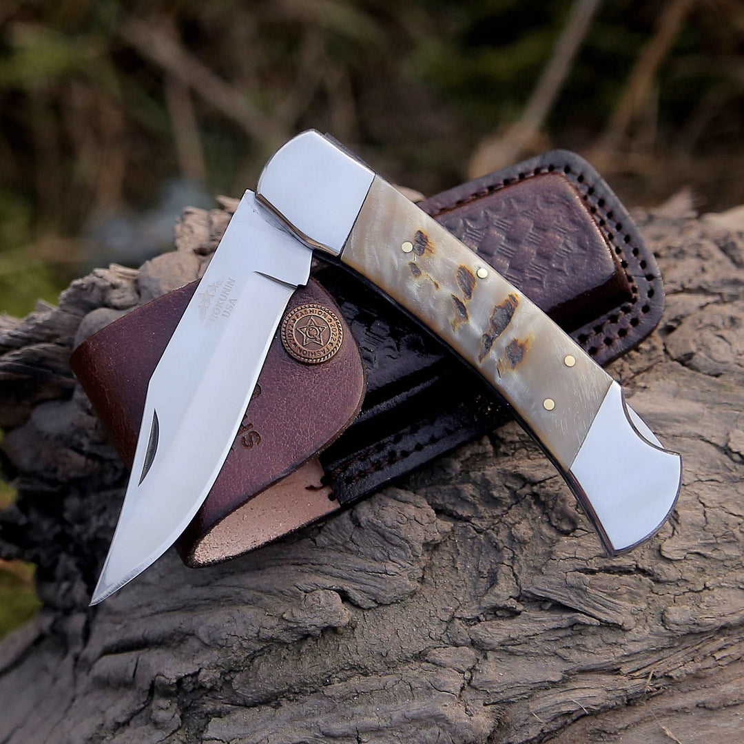 Pocket knife - Handmade Custom Pocket Knife with Ram Horn Handle &amp; Sheath Personalized - Shokunin USA