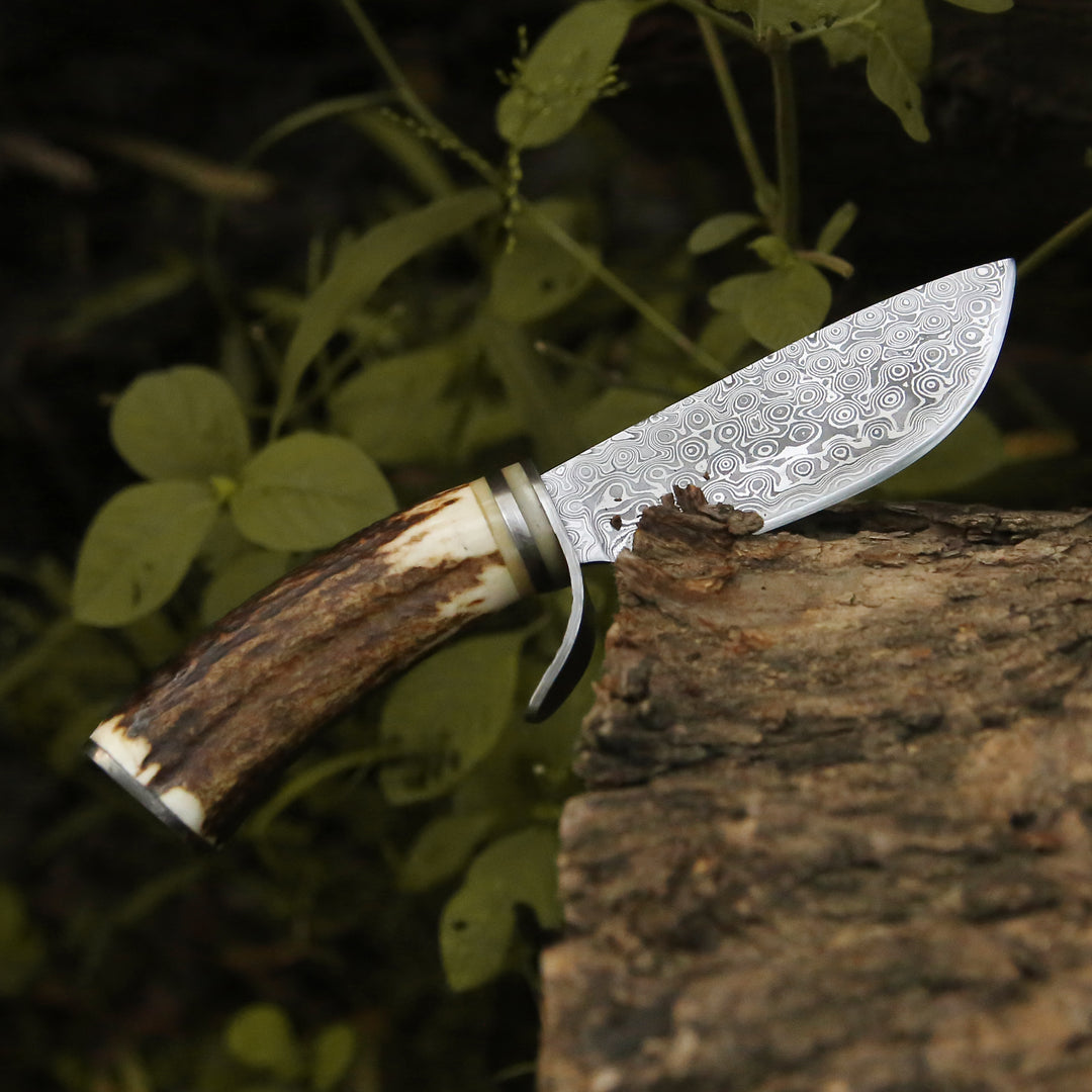 Utility Knife - Serpent Damascus Hunting Knife with Antler Handle - Shokunin USA