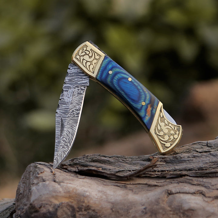 Gentleman's folder with case - Expedition Damascus Folding Pocket Knife with Pakka Wood Handle Blue - Shokunin USA