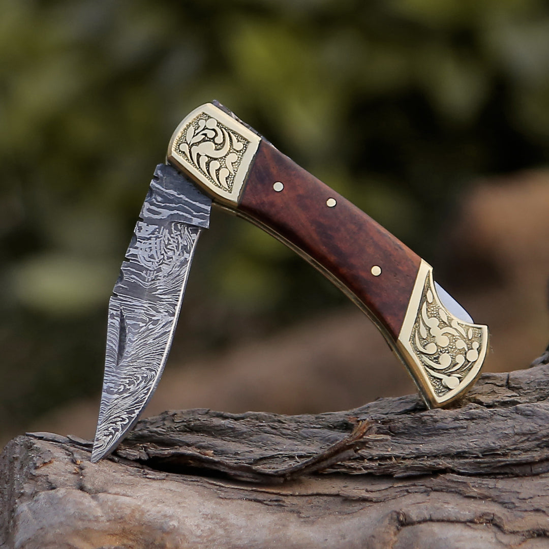 Gentleman's folder with case - Expedition Damascus Folding Hunting Knife with Pakka Wood Handle - Shokunin USA